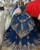 Off Shoulder Navy Blue Quince Dresses Sweetheart Neck Ball Gown Metallic Sequin 15 Dress With Bow