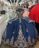 Off Shoulder Navy Blue Quince Dresses Sweetheart Neck Ball Gown Metallic Sequin 15 Dress With Bow