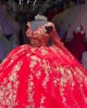 Off Shoulder Red Quince Dresses Lace Appliques 15 Dress Scoop Neck Ball Gown