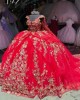 Off Shoulder Red Quince Dresses Lace Appliques 15 Dress Scoop Neck Ball Gown