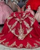 Off Shoulder Red Quinceanera Dress Sweetheart Neck Ball Gown Metallic Sequin 15 Dresses With Bow