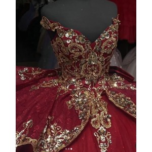 Off Shoulder Red Quinceanera Dress Sweetheart Neck Ball Gown Metallic Sequin 15 Dresses With Bow