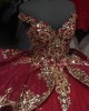 Off Shoulder Red Quinceanera Dress Sweetheart Neck Ball Gown Metallic Sequin 15 Dresses With Bow