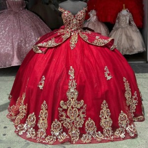 Off Shoulder Red Quinceanera Dress Sweetheart Neck Ball Gown Metallic Sequin 15 Dresses With Bow