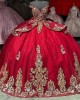 Off Shoulder Red Quinceanera Dress Sweetheart Neck Ball Gown Metallic Sequin 15 Dresses With Bow