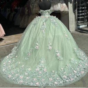 Off Shoulder Sage Green Quinceanera Dresses Sweetheart Neck Ball Gown 3D Flowers 15 Dress