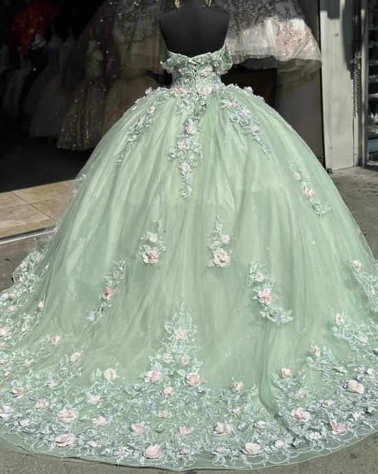 Off Shoulder Sage Green Quinceanera Dresses Sweetheart Neck Ball Gown 3D Flowers 15 Dress