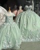 Off Shoulder Sage Green Quinceanera Dresses Sweetheart Neck Ball Gown 3D Flowers 15 Dress