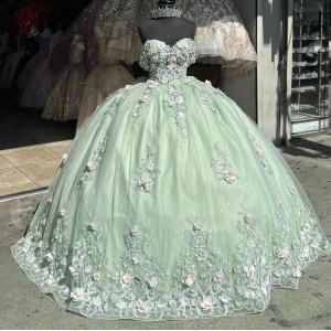 Off Shoulder Sage Green Quinceanera Dresses Sweetheart Neck Ball Gown 3D Flowers 15 Dress