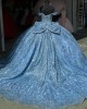 Off Shoulder Sky Blue Quinceanera Dresses Sweetheart Neck Ball Gown Metallic Sequin 15 Dress With Bow