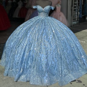 Off Shoulder Sky Blue Quinceanera Dresses Sweetheart Neck Ball Gown Metallic Sequin 15 Dress With Bow