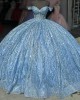 Off Shoulder Sky Blue Quinceanera Dresses Sweetheart Neck Ball Gown Metallic Sequin 15 Dress With Bow