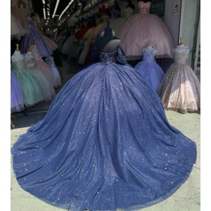 Puff Sleeve Navy Blue Quince Dresses Tulle 15 Dress Sweetheart Neck Ball Gown