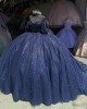 Puff Sleeve Navy Blue Quince Dresses Tulle 15 Dress Sweetheart Neck Ball Gown