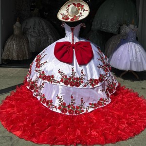 Ruffled Red On White Quinceanera Dresses Off Shoulder Ball Gown Embroidered Flowers 15 Dress With Bow