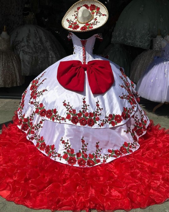 Ruffled Red On White Quinceanera Dresses Off Shoulder Ball Gown Embroidered Flowers 15 Dress With Bow