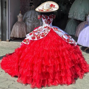 Ruffled Red On White Quinceanera Dresses Off Shoulder Ball Gown Embroidered Flowers 15 Dress With Bow