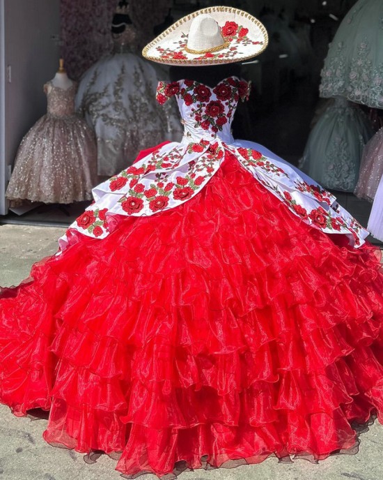 Ruffled Red On White Quinceanera Dresses Off Shoulder Ball Gown Embroidered Flowers 15 Dress With Bow