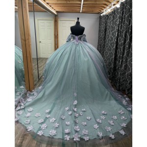 Short Sleeve Aqua Blue Quince Dresses Sweetheart Neck Ball Gown With 3D Floral Appliques