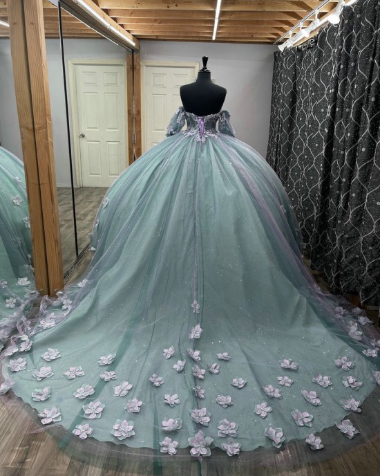 Short Sleeve Aqua Blue Quince Dresses Sweetheart Neck Ball Gown With 3D Floral Appliques