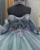 Short Sleeve Aqua Blue Quince Dresses Sweetheart Neck Ball Gown With 3D Floral Appliques