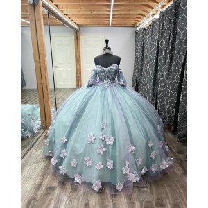 Short Sleeve Aqua Blue Quince Dresses Sweetheart Neck Ball Gown With 3D Floral Appliques