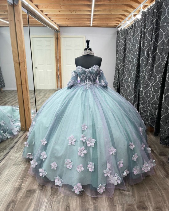 Short Sleeve Aqua Blue Quince Dresses Sweetheart Neck Ball Gown With 3D Floral Appliques