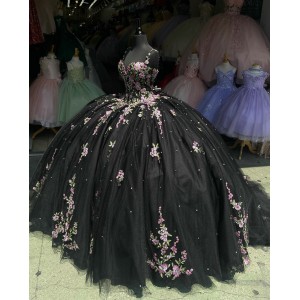 Spaghetti Strap Black Quince Dresses Pearl 15 Dress Sweetheart Neck Ball Gown With Multi Color Floral