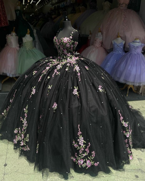 Spaghetti Strap Black Quince Dresses Pearl 15 Dress Sweetheart Neck Ball Gown With Multi Color Floral