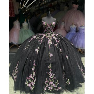 Spaghetti Strap Black Quince Dresses Pearl 15 Dress Sweetheart Neck Ball Gown With Multi Color Floral