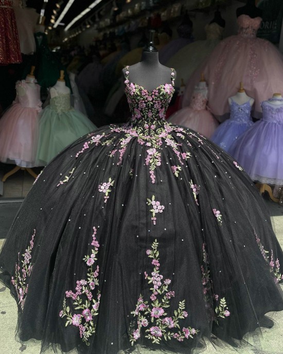 Spaghetti Strap Black Quince Dresses Pearl 15 Dress Sweetheart Neck Ball Gown With Multi Color Floral