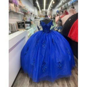 Spaghetti Strap Blue Quince Dresses V Neck Ball Gown Lace Appliques 15 Dress With Three Dimensional Butterfly