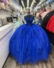 Spaghetti Strap Blue Quince Dresses V Neck Ball Gown Lace Appliques 15 Dress With Three Dimensional Butterfly