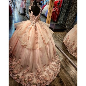 Spaghetti Strap Pink Quince Dresses Pearl 15 Dress V Neck Ball Gown With 3D Floral Appliques