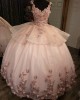 Spaghetti Strap Pink Quince Dresses Pearl 15 Dress V Neck Ball Gown With 3D Floral Appliques