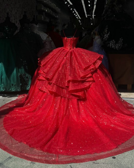 Spaghetti Strap Red Quinceanera Dresses Sweetheart Neck Ball Gown Metallic Sequin 15 Dress