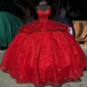 Spaghetti Strap Red Quinceanera Dresses Sweetheart Neck Ball Gown Metallic Sequin 15 Dress