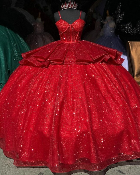 Spaghetti Strap Red Quinceanera Dresses Sweetheart Neck Ball Gown Metallic Sequin 15 Dress