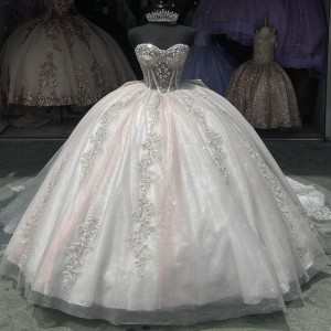 Strapless Pink On White Quinceanera Dress Metallic Sequin 15 Dresses Sweetheart Neck Crystal Ball Gown With Bow