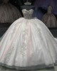 Strapless Pink On White Quinceanera Dress Metallic Sequin 15 Dresses Sweetheart Neck Crystal Ball Gown With Bow