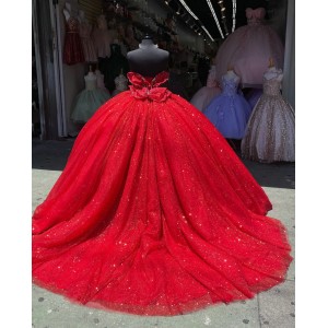 Strapless Red Quince Dresses Metallic Sequin 15 Dress Sweetheart Neck Ball Gown With Bow