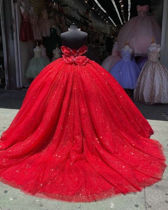 Strapless Red Quince Dresses Metallic Sequin 15 Dress Sweetheart Neck Ball Gown With Bow