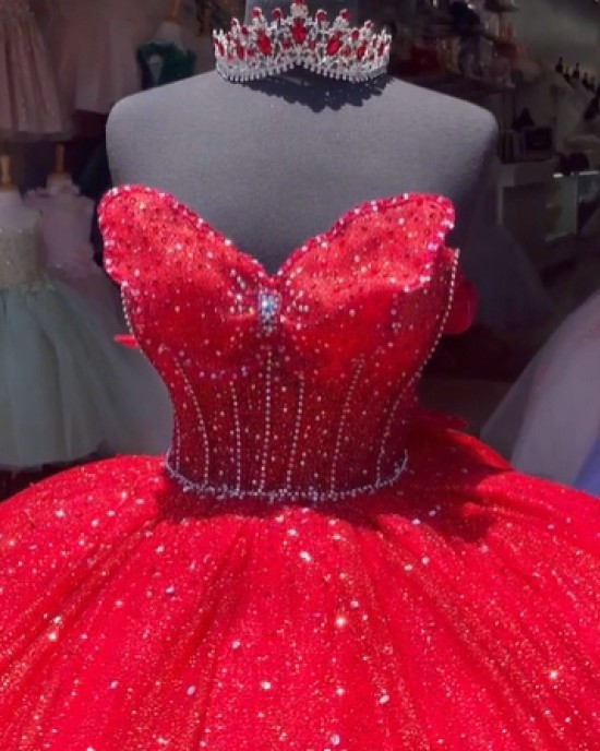 Strapless Red Quince Dresses Metallic Sequin 15 Dress Sweetheart Neck Ball Gown With Bow