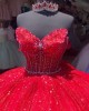 Strapless Red Quince Dresses Metallic Sequin 15 Dress Sweetheart Neck Ball Gown With Bow