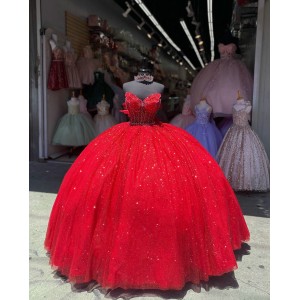 Strapless Red Quince Dresses Metallic Sequin 15 Dress Sweetheart Neck Ball Gown With Bow