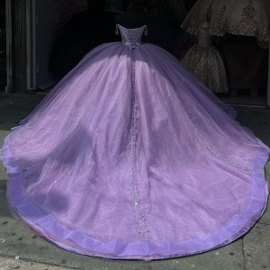 V Neck Lilac Quinceanera Dress Metallic Sequin 15 Dresses Off Shoulder Ball Gown