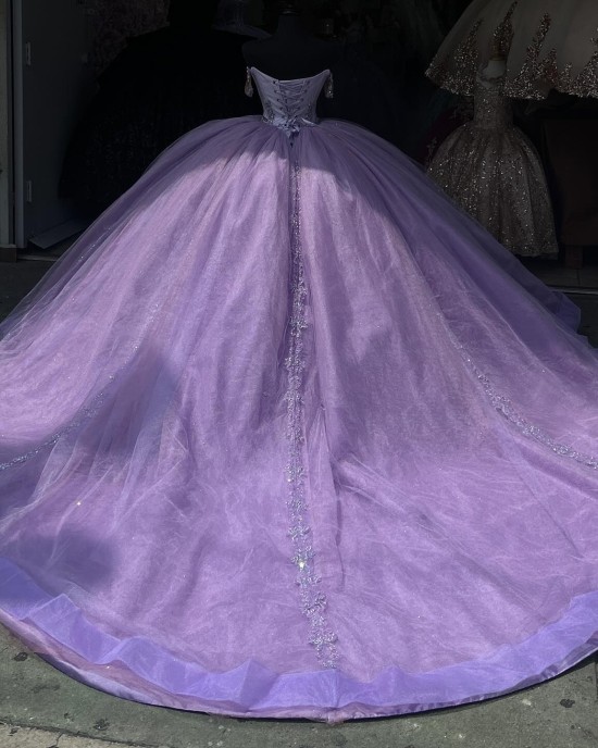 V Neck Lilac Quinceanera Dress Metallic Sequin 15 Dresses Off Shoulder Ball Gown