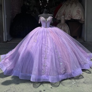 V Neck Lilac Quinceanera Dress Metallic Sequin 15 Dresses Off Shoulder Ball Gown