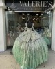 Bell Sleeves Green On White Quinceanera Dress Sweetheart Neck 15 Dresses Metallic Sequin Ball Gown With Bow