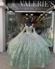 Bell Sleeves Green On White Quinceanera Dress Sweetheart Neck 15 Dresses Metallic Sequin Ball Gown With Bow